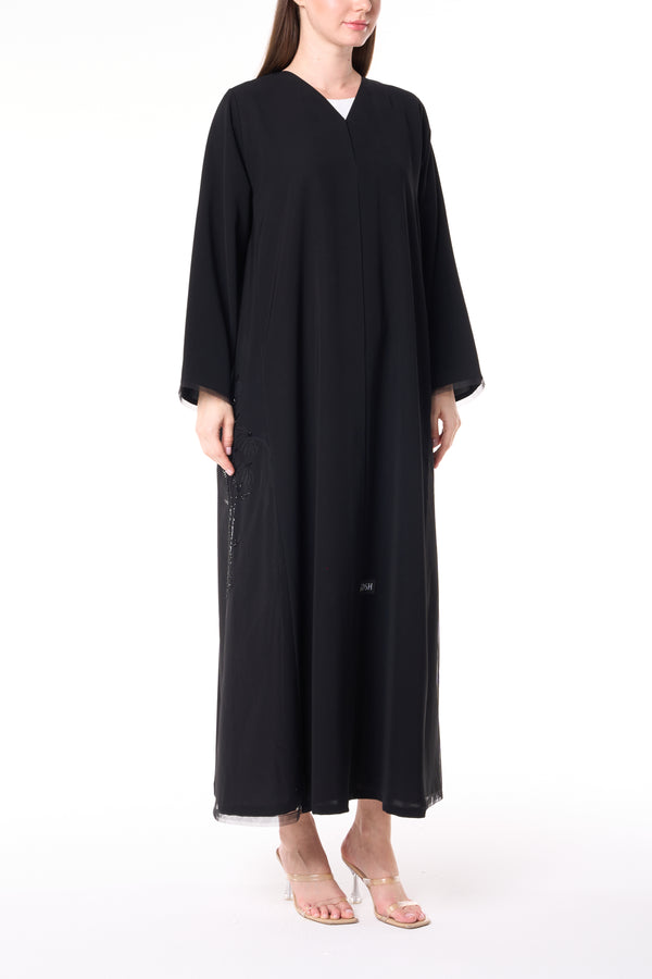 Black Reya Crepe Custom Abaya with Beadwork Panels