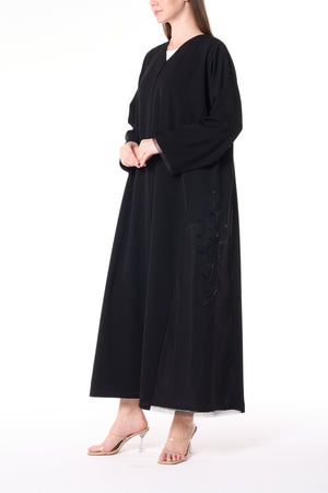 Black Reya Crepe Custom Abaya with Beadwork Panels