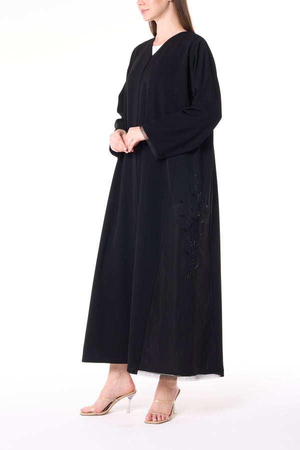 Black Reya Crepe Custom Abaya with Beadwork Panels