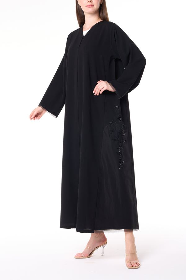 Black Reya Crepe Custom Abaya with Beadwork Panels