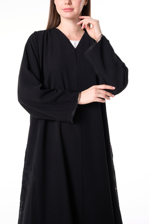 Black Reya Crepe Custom Abaya with Beadwork Panels
