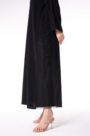 Black Reya Crepe Custom Abaya with Beadwork Panels