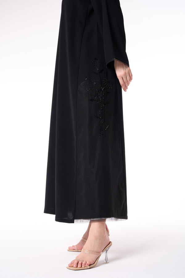 Black Reya Crepe Custom Abaya with Beadwork Panels