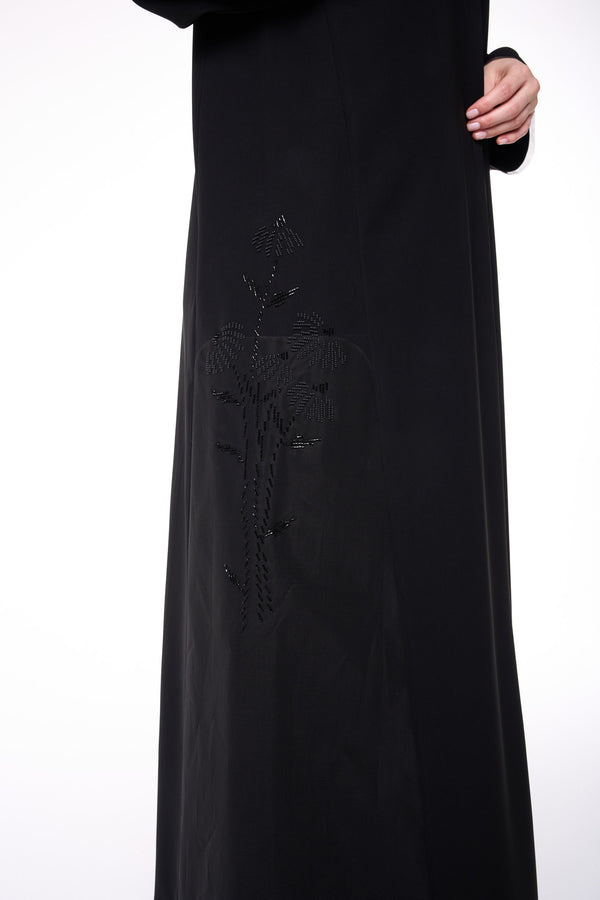 Black Reya Crepe Custom Abaya with Beadwork Panels