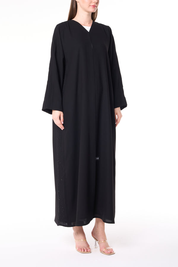 Black Claire Crepe Custom  Abaya with Front Pintuck Beadwork