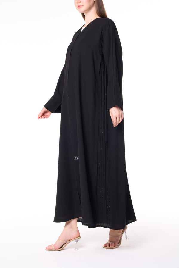 Black Claire Crepe Custom  Abaya with Front Pintuck Beadwork