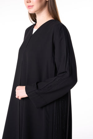 Black Claire Crepe Custom  Abaya with Front Pintuck Beadwork