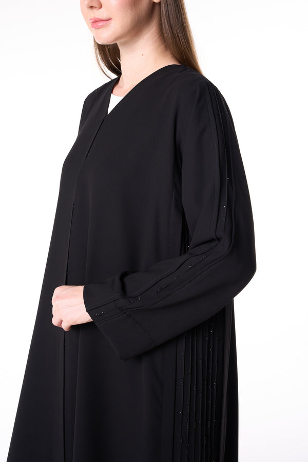 Black Claire Crepe Custom  Abaya with Front Pintuck Beadwork