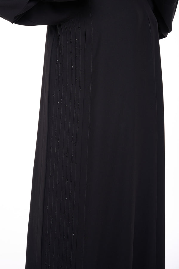 Black Claire Crepe Custom  Abaya with Front Pintuck Beadwork