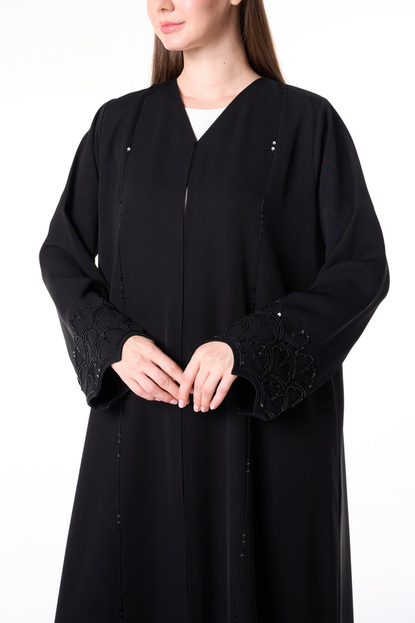 Black Farasha Crepe Custom Abaya with Beaded Sleeve Embroidery