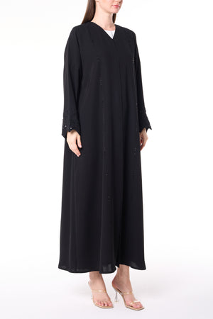 Black Farasha Crepe Custom Abaya with Beaded Sleeve Embroidery
