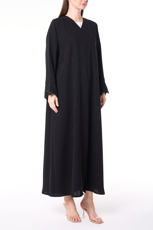 Black Farasha Crepe Custom Abaya with Beaded Sleeve Embroidery