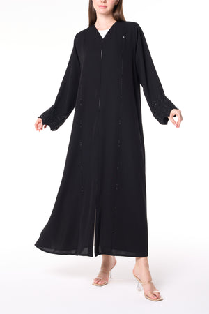 Black Farasha Crepe Custom Abaya with Beaded Sleeve Embroidery
