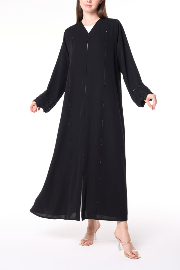 Black Farasha Crepe Custom Abaya with Beaded Sleeve Embroidery