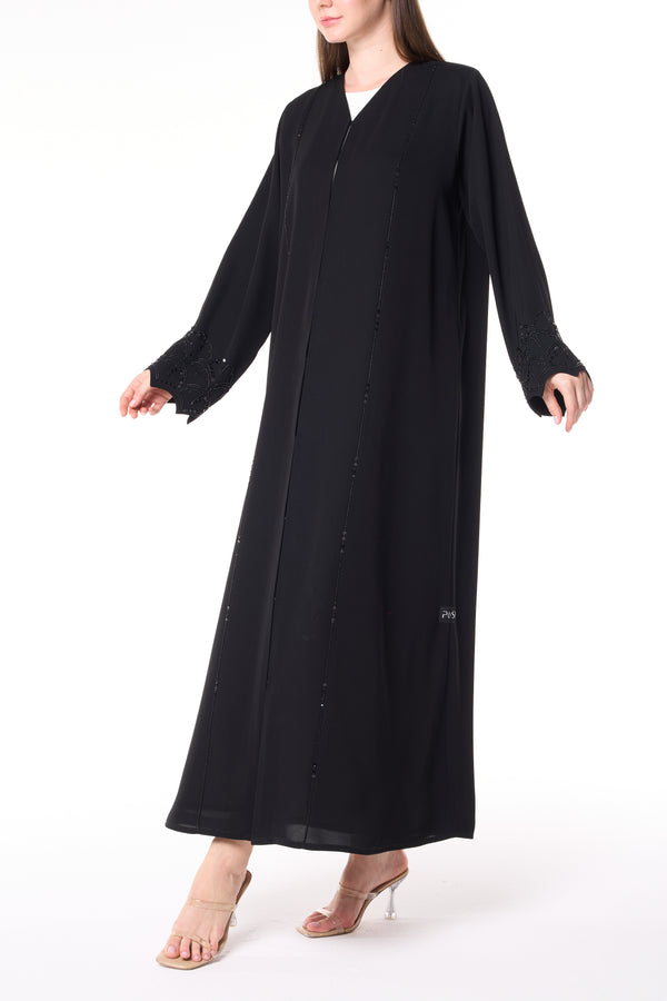 Black Farasha Crepe Custom Abaya with Beaded Sleeve Embroidery