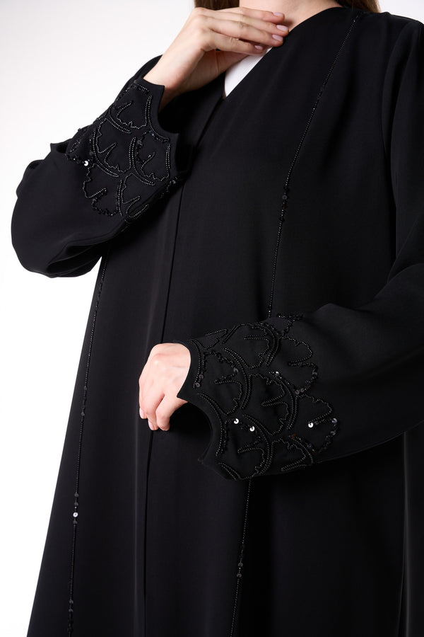 Black Farasha Crepe Custom Abaya with Beaded Sleeve Embroidery
