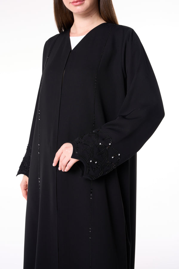 Black Farasha Crepe Custom Abaya with Beaded Sleeve Embroidery