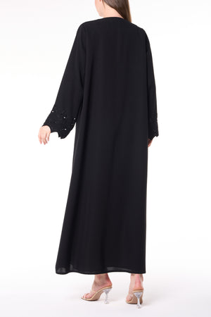 Black Farasha Crepe Custom Abaya with Beaded Sleeve Embroidery