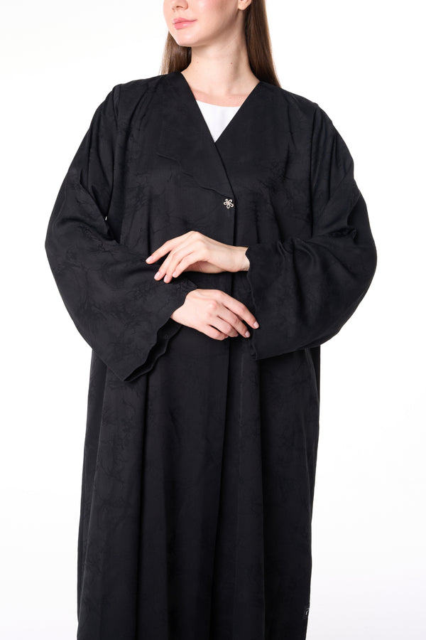 Black Jamaica Jacquard Abaya with V-Neck Collar