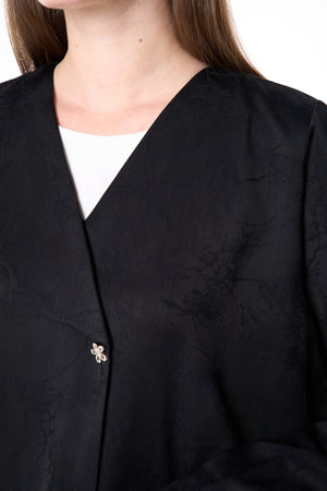 Black Jamaica Jacquard Abaya with V-Neck Collar