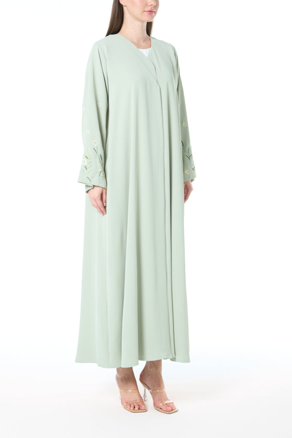 Green Rose Crepe Abaya with Sleeve Embroidery and Klosh Cut