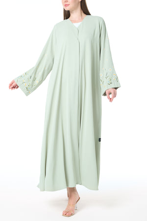 Green Rose Crepe Abaya with Sleeve Embroidery and Klosh Cut