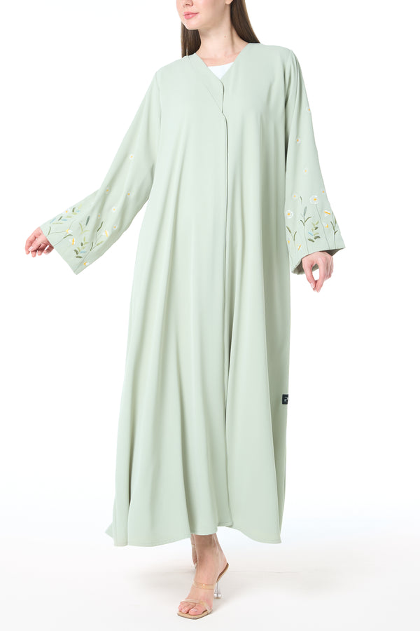 Green Rose Crepe Abaya with Sleeve Embroidery and Klosh Cut