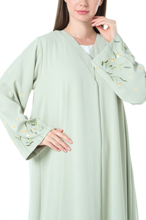Green Rose Crepe Abaya with Sleeve Embroidery and Klosh Cut