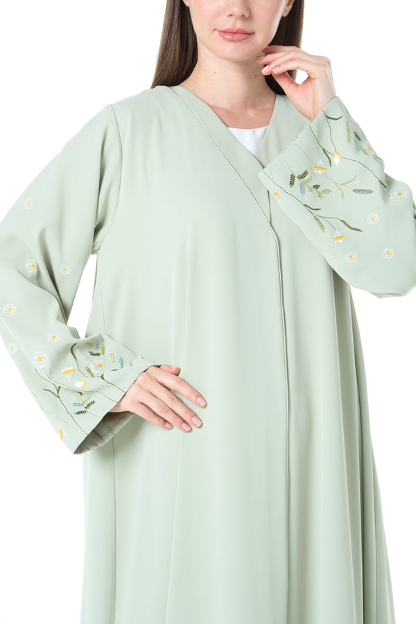 Green Rose Crepe Abaya with Sleeve Embroidery and Klosh Cut
