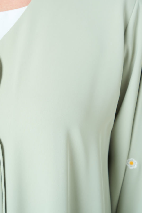 Green Rose Crepe Abaya with Sleeve Embroidery and Klosh Cut