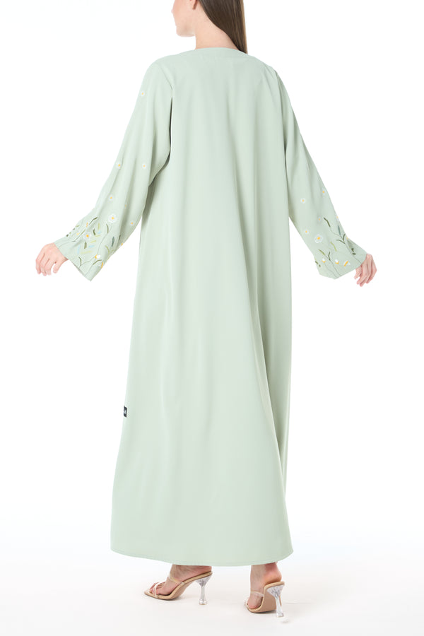 Green Rose Crepe Abaya with Sleeve Embroidery and Klosh Cut