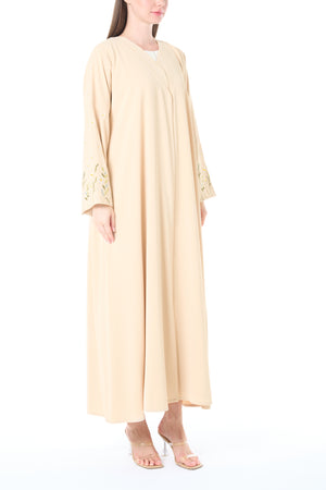 Yellow Bio Crepe Abaya with Sleeve Embroidery and Klosh Cut