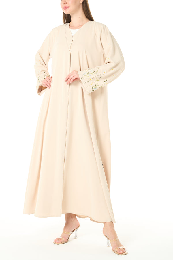 Yellow Bio Crepe Abaya with Sleeve Embroidery and Klosh Cut