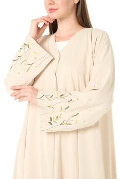 Yellow Bio Crepe Abaya with Sleeve Embroidery and Klosh Cut