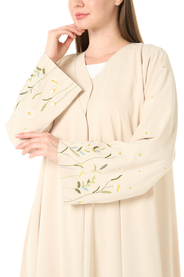 Yellow Bio Crepe Abaya with Sleeve Embroidery and Klosh Cut