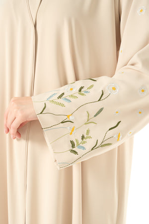 Yellow Bio Crepe Abaya with Sleeve Embroidery and Klosh Cut