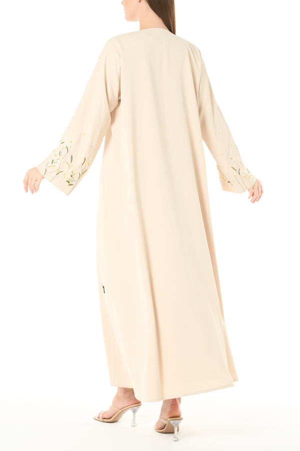 Yellow Bio Crepe Abaya with Sleeve Embroidery and Klosh Cut