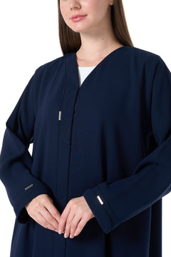 Blue Wave Crepe Abaya with Front Piping and Silver Button Detail