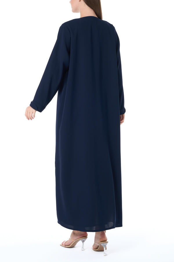 Blue Wave Crepe Abaya with Front Piping and Silver Button Detail