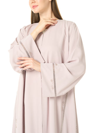 Pastel Pink Cool Crepe Abaya with Central Lace Detailing