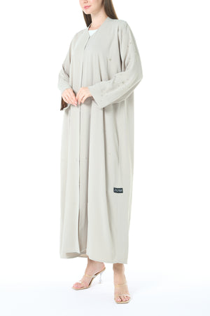Beige Rose Crepe Abaya with Klosh Cut and Hand Beadwork Detail