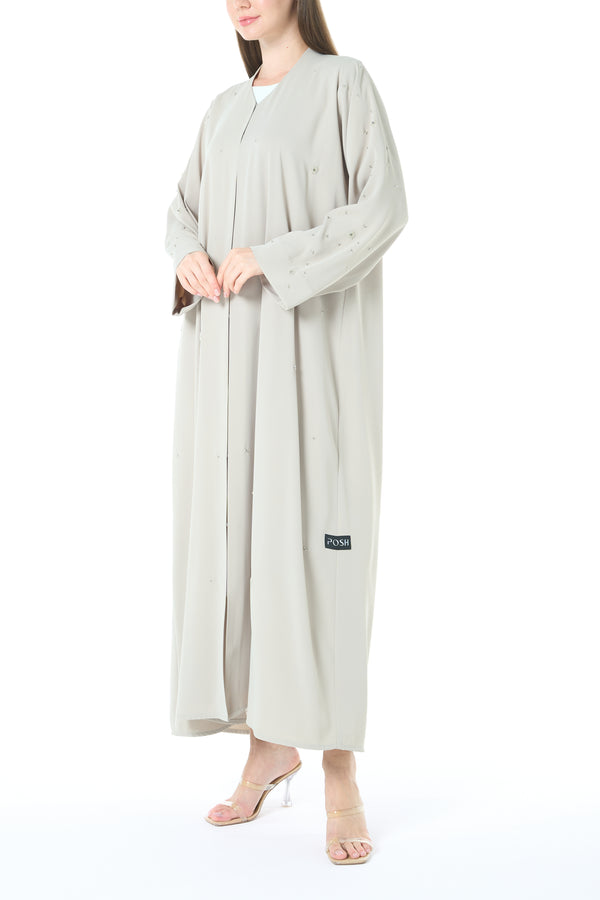 Beige Rose Crepe Abaya with Klosh Cut and Hand Beadwork Detail