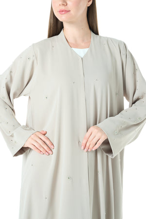 Beige Rose Crepe Abaya with Klosh Cut and Hand Beadwork Detail