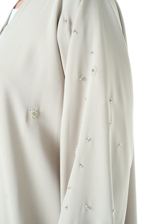 Beige Rose Crepe Abaya with Klosh Cut and Hand Beadwork Detail