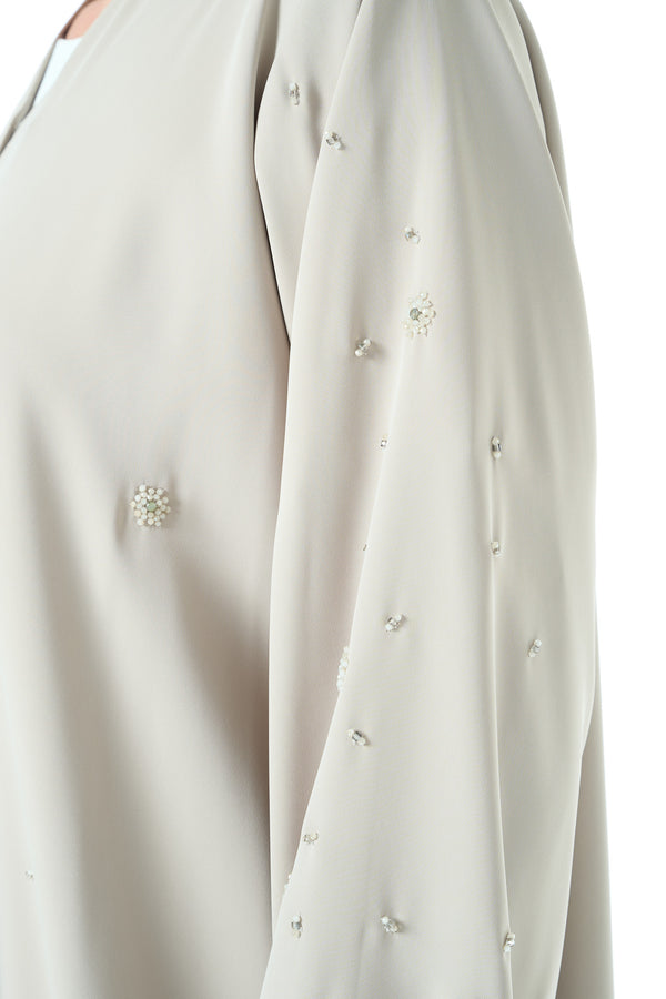 Beige Rose Crepe Abaya with Klosh Cut and Hand Beadwork Detail