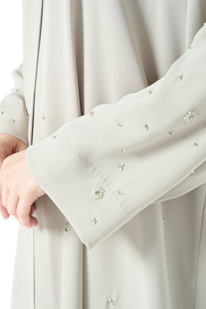 Beige Rose Crepe Abaya with Klosh Cut and Hand Beadwork Detail