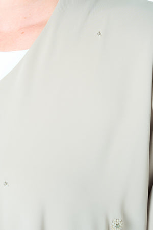 Beige Rose Crepe Abaya with Klosh Cut and Hand Beadwork Detail