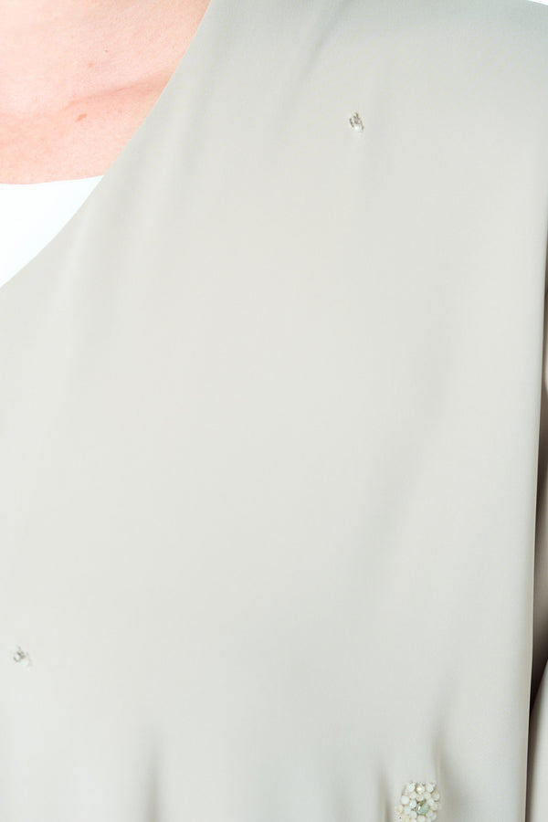 Beige Rose Crepe Abaya with Klosh Cut and Hand Beadwork Detail
