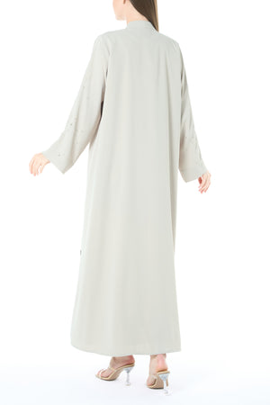 Beige Rose Crepe Abaya with Klosh Cut and Hand Beadwork Detail