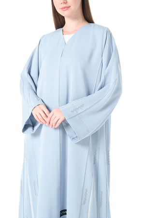 Blue Reem Nada Abaya with Shoulder Lace and Sleeve Tyre Detail